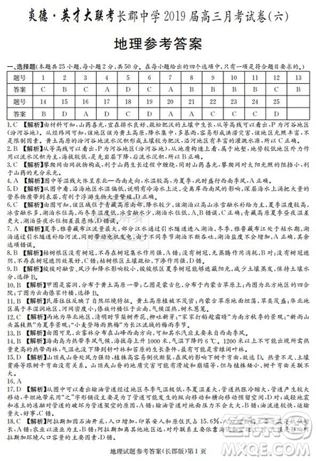湖南省長郡中學2019屆高三下學期第六次月考地理試題及答案