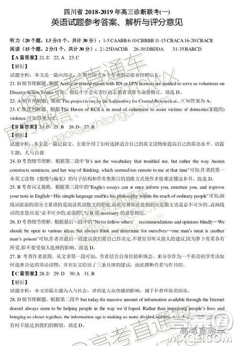 四川省2018-2019年高三診斷性聯(lián)考一英語(yǔ)參考答案及解析