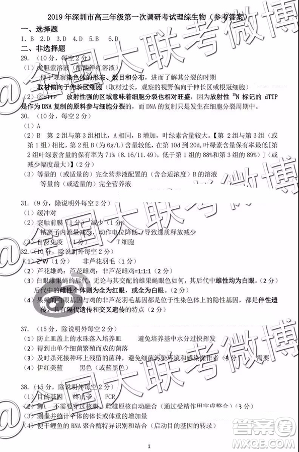 2019年深圳市高三一?？荚?yán)砭C參考答案