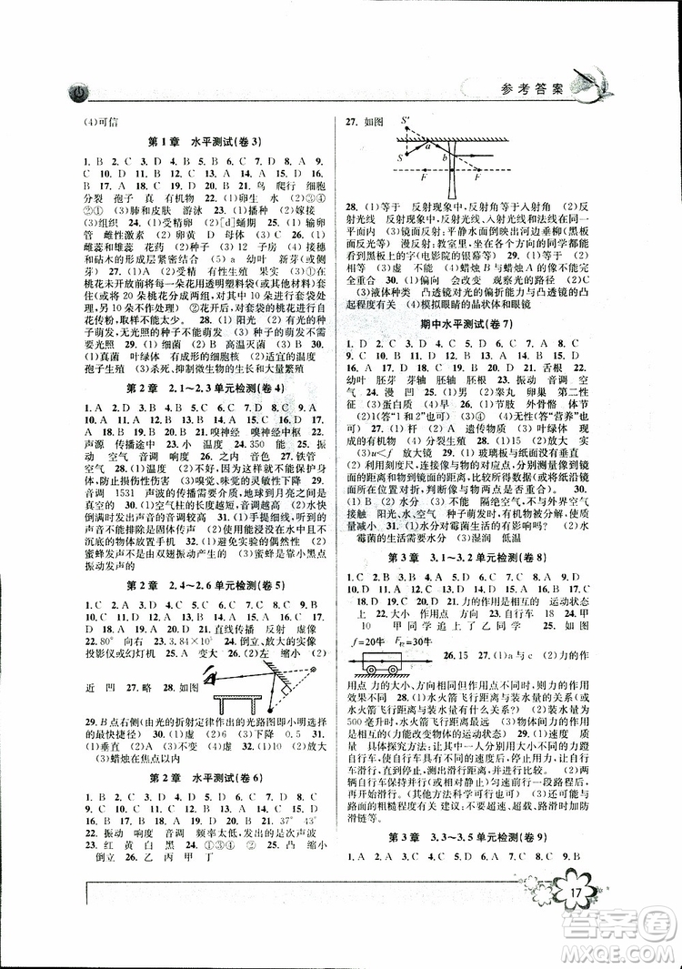 2019新版初中新學(xué)案優(yōu)化與提高七年級(jí)科學(xué)下冊A參考答案
