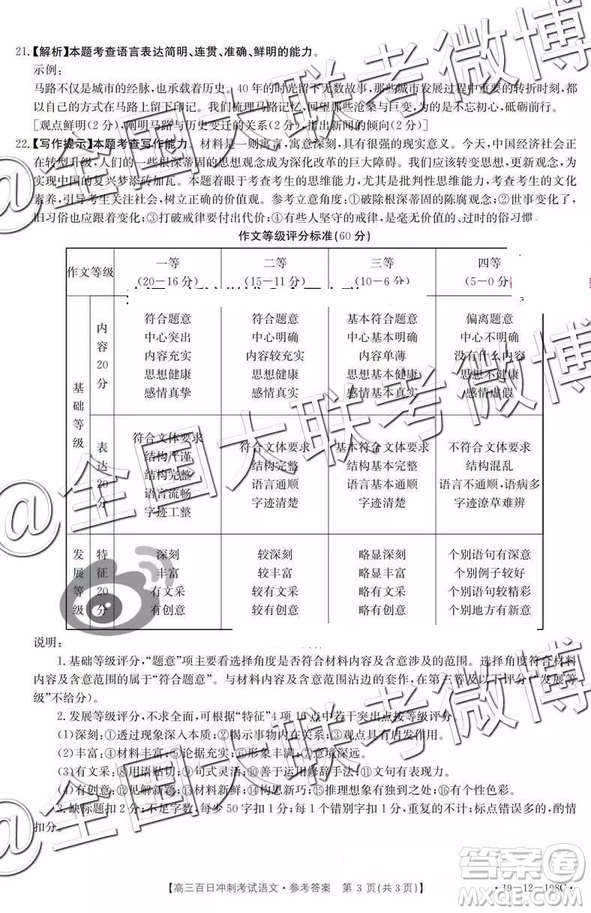 2019年高三百日沖刺考試語文參考答案