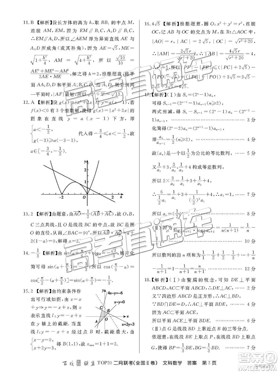 2019年百校聯(lián)盟TOP20二月聯(lián)考全國(guó)Ⅱ卷文數(shù)參考答案