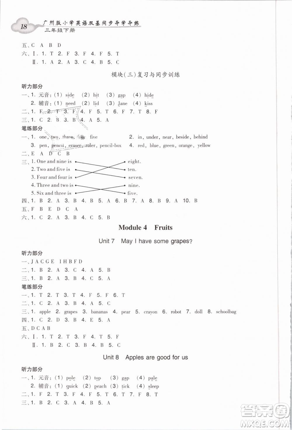 王牌英語TOP廣州版2019小學(xué)英語雙基同步導(dǎo)學(xué)導(dǎo)練三年級(jí)下冊(cè)答案