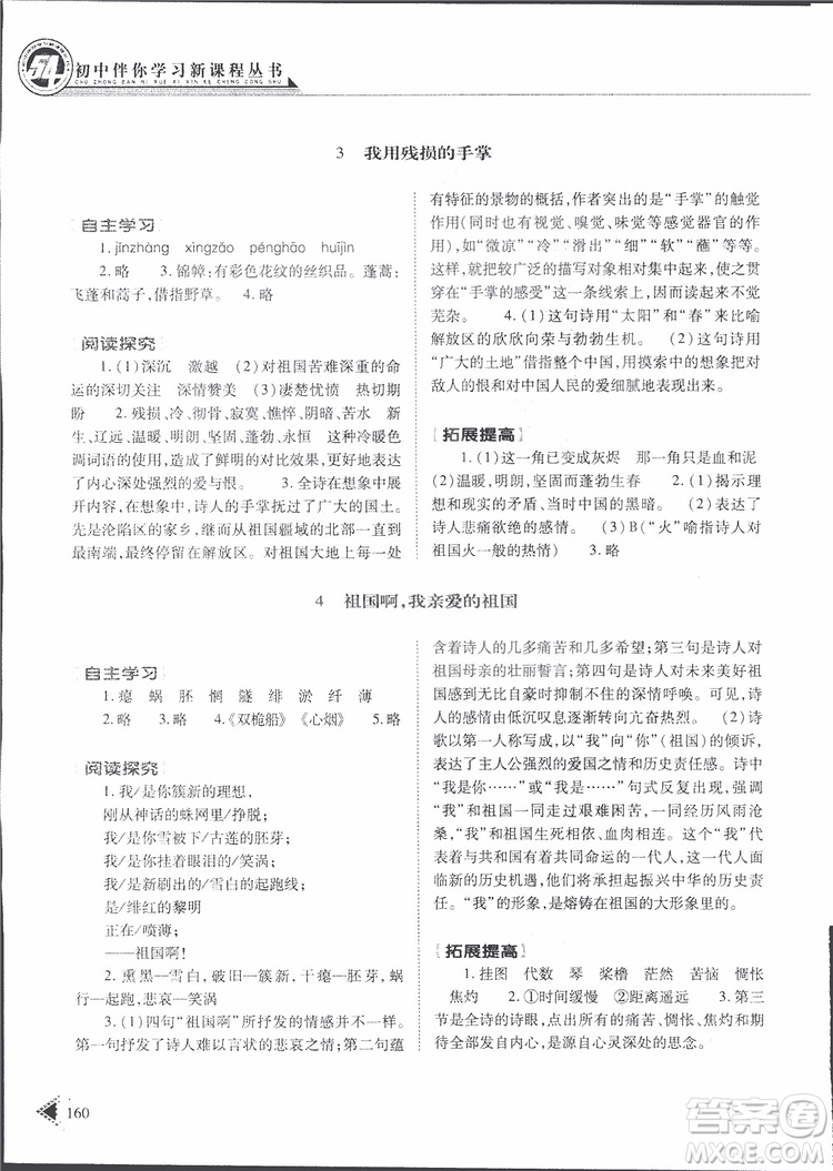 2019年初中伴你學(xué)新課程叢書九年級(jí)下冊(cè)語(yǔ)文五四制參考答案