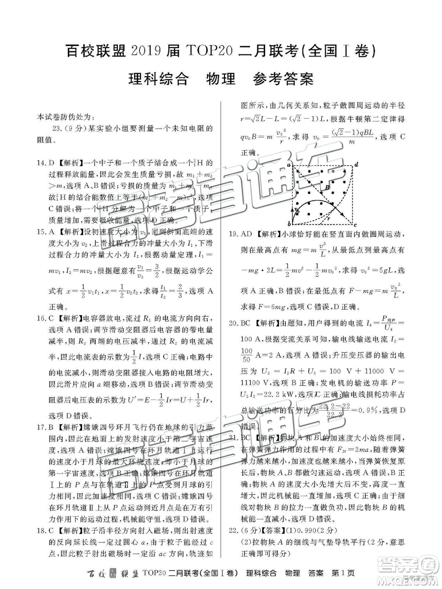 2019年百校聯(lián)盟TOP20二月聯(lián)考全國(guó)Ⅰ卷理綜參考答案