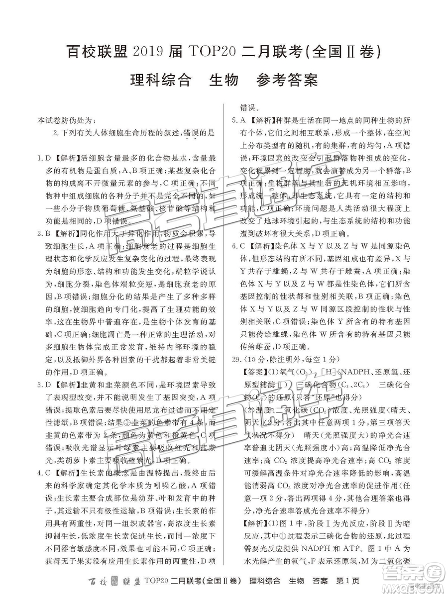 2019年百校聯(lián)盟TOP20二月聯(lián)考全國Ⅱ卷理綜參考答案