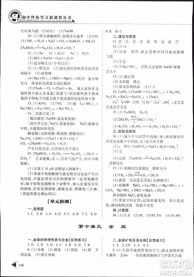 五四制2019年初中伴你學(xué)習(xí)新課程叢書(shū)九年級(jí)下冊(cè)化學(xué)魯教版參考答案