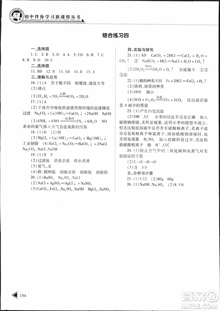 五四制2019年初中伴你學(xué)習(xí)新課程叢書(shū)九年級(jí)下冊(cè)化學(xué)魯教版參考答案