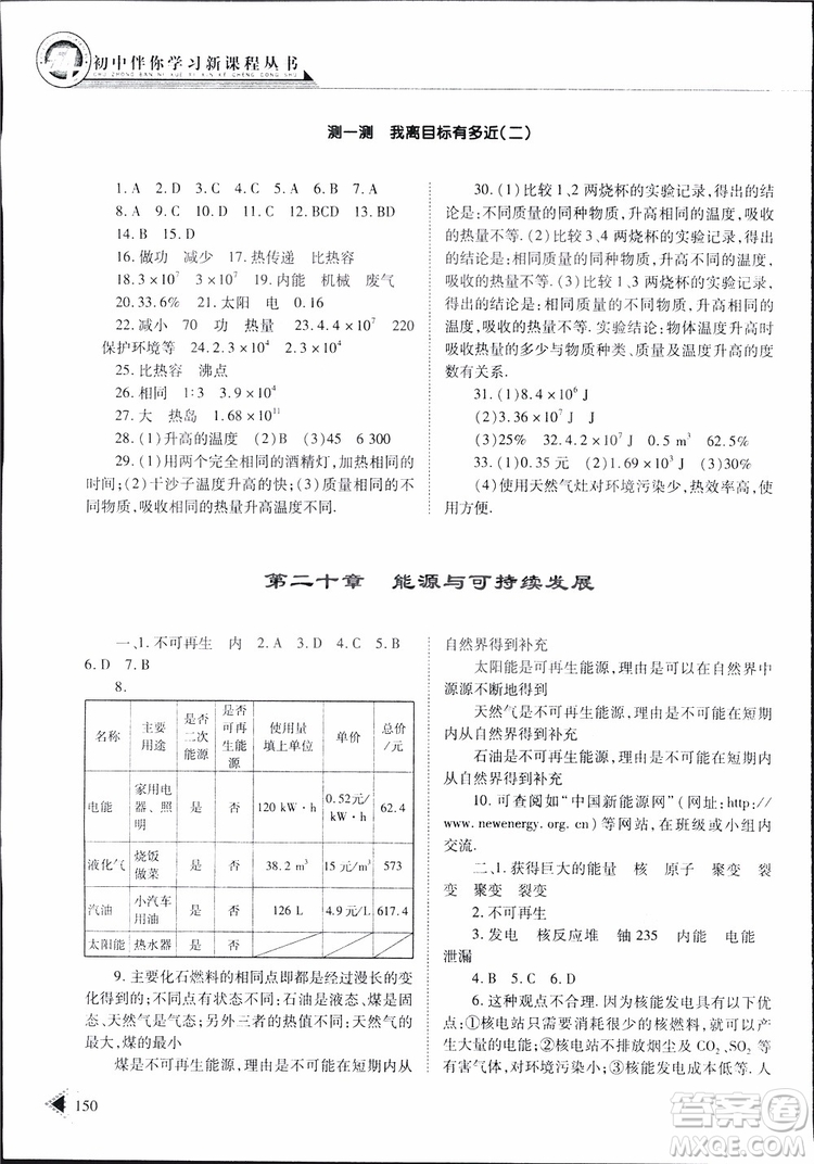 2019年初中伴你學(xué)習(xí)新課程叢書(shū)九年級(jí)下冊(cè)物理五四制魯教版參考答案