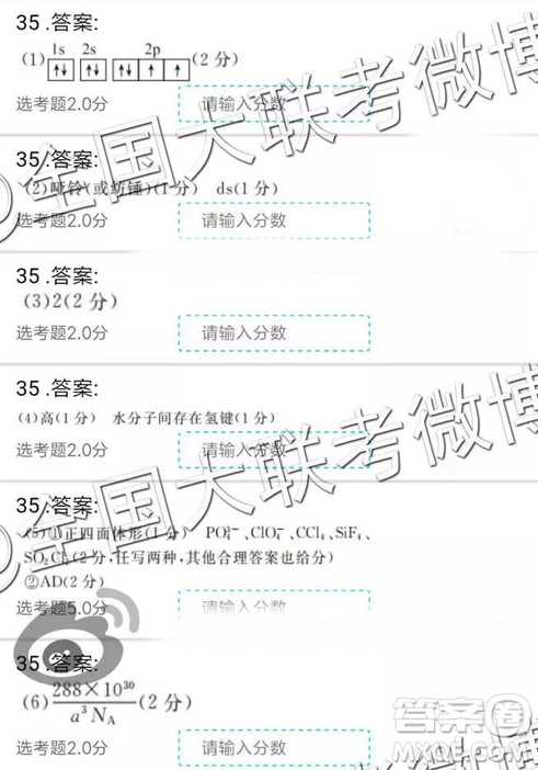 2019年全國(guó)普通高中高三二月大聯(lián)考理綜參考答案