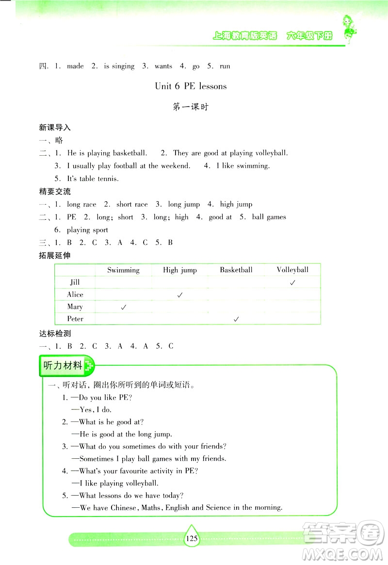 2019新課標(biāo)兩導(dǎo)兩練高效學(xué)案上教版英語(yǔ)六年級(jí)下冊(cè)答案