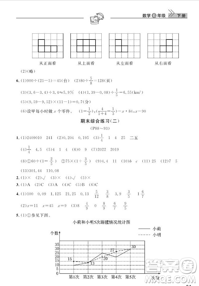 武漢出版社2019天天向上課堂作業(yè)六年級下冊數(shù)學(xué)人教版答案