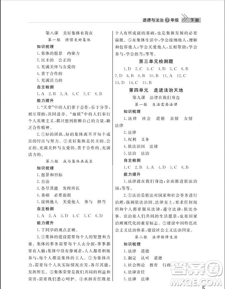 武漢出版社2019智慧學習課堂作業(yè)七年級下冊道德與法治人教版答案