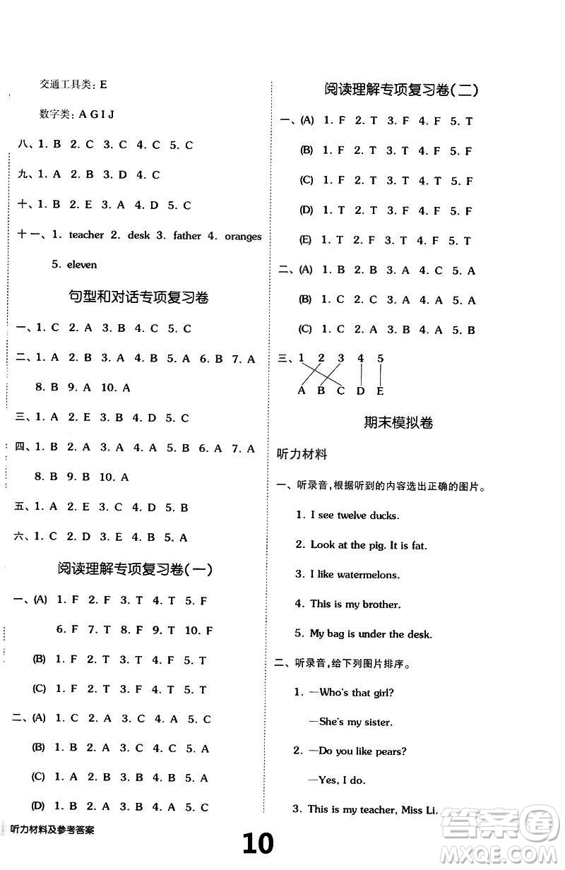 2019春全品小復習小學英語三3年級下冊人教PEP版參考答案