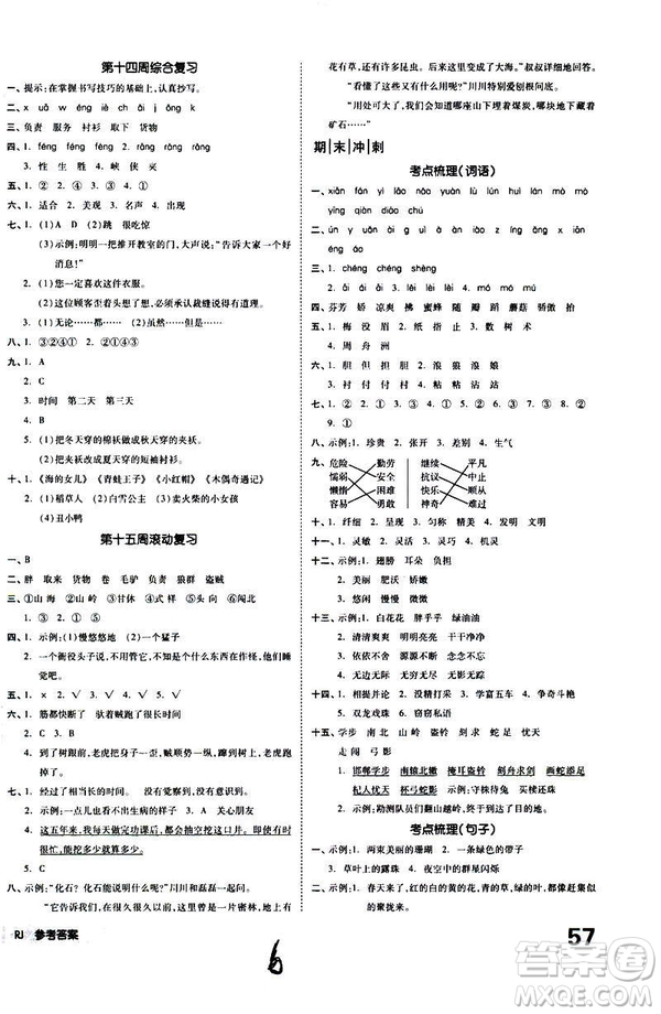 全品小復(fù)習(xí)2019春小學(xué)語文三年級下冊語文人教版RJ參考答案