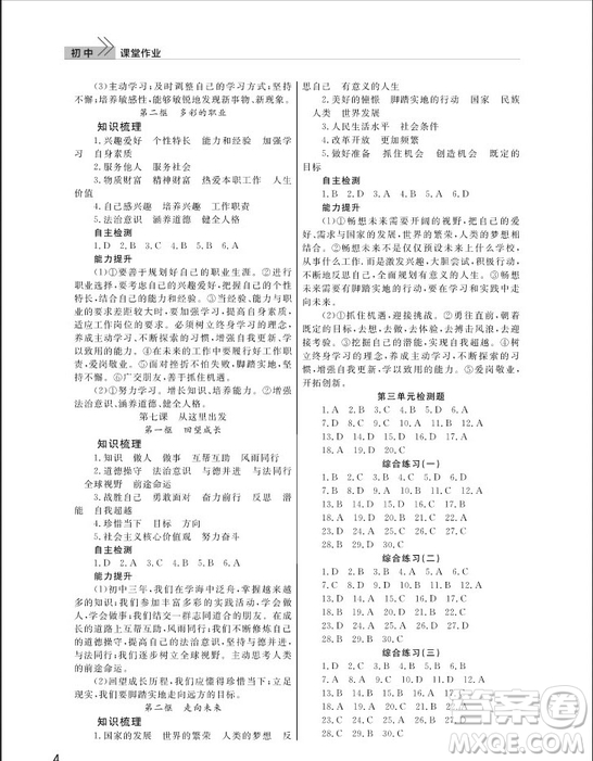 武漢出版社2019智慧學(xué)習(xí)課堂作業(yè)九年級(jí)下冊(cè)道德與法治人教版答案
