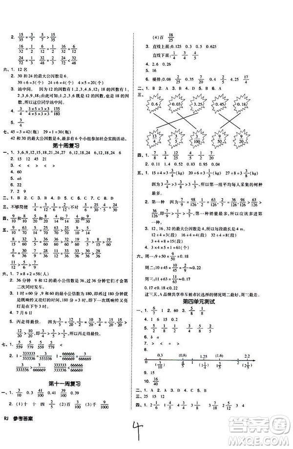 全品小復(fù)習(xí)2019年小學(xué)數(shù)學(xué)五年級下冊RJ人教版參考答案