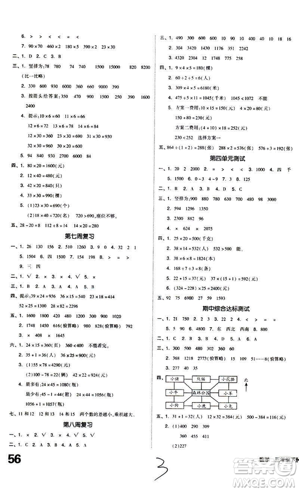 2019春全品小復(fù)習(xí)小學(xué)數(shù)學(xué)三年級下冊人教版RJ參考答案