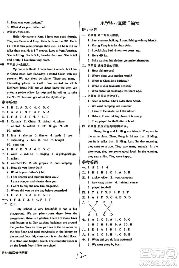 2019春全品小復(fù)習(xí)小學(xué)英語六年級(jí)下冊(cè)人教PEP版參考答案