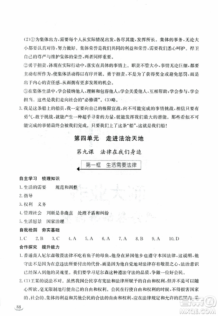 湖北教育出版社2019年長(zhǎng)江作業(yè)本道德與法治初中七年級(jí)下冊(cè)人教版參考答案