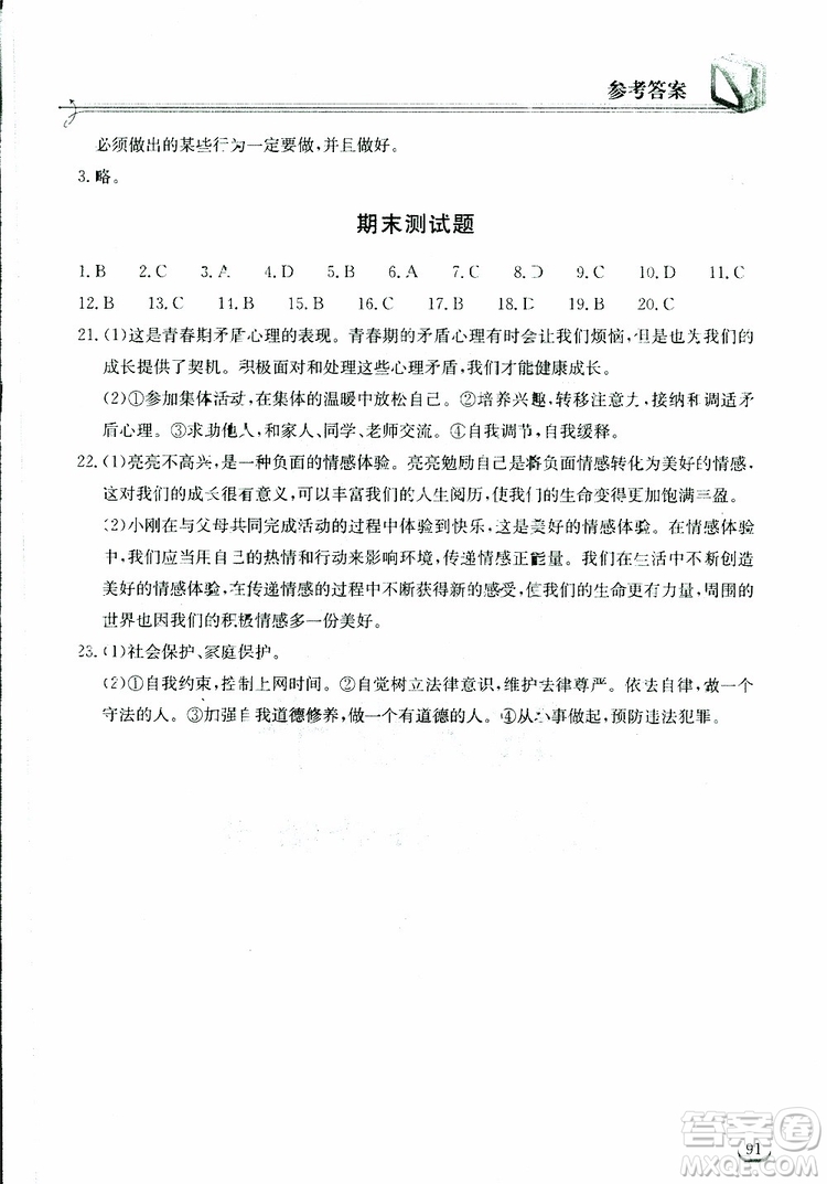 湖北教育出版社2019年長(zhǎng)江作業(yè)本道德與法治初中七年級(jí)下冊(cè)人教版參考答案