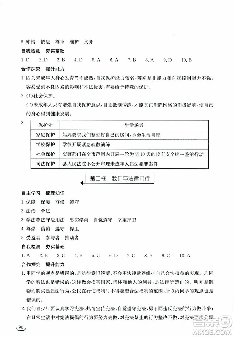 湖北教育出版社2019年長(zhǎng)江作業(yè)本道德與法治初中七年級(jí)下冊(cè)人教版參考答案