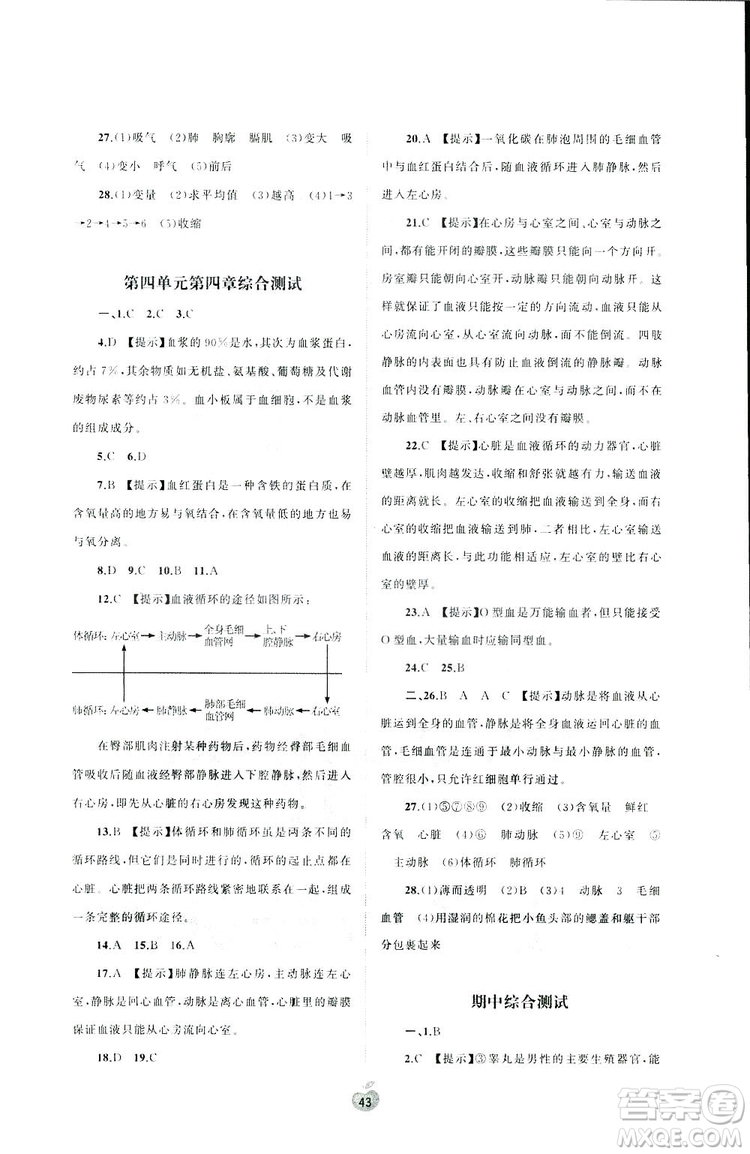 2019廣西師范大學(xué)出版社初中新課程學(xué)習(xí)與測評單元雙測生物七年級下冊A版答案
