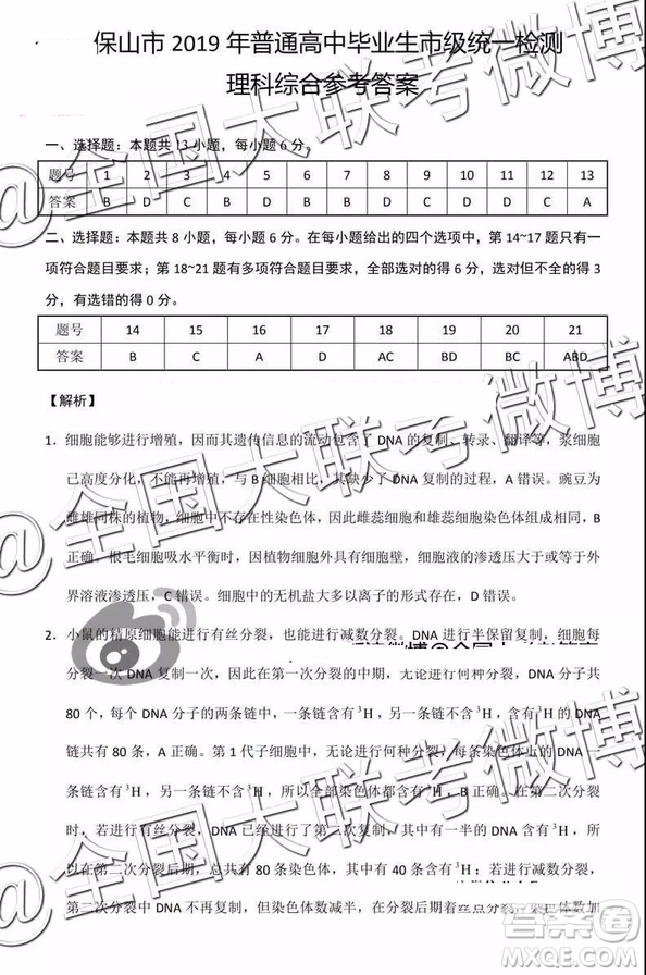 保山市2019年3月高中畢業(yè)生市級(jí)統(tǒng)一檢測理科綜合參考答案
