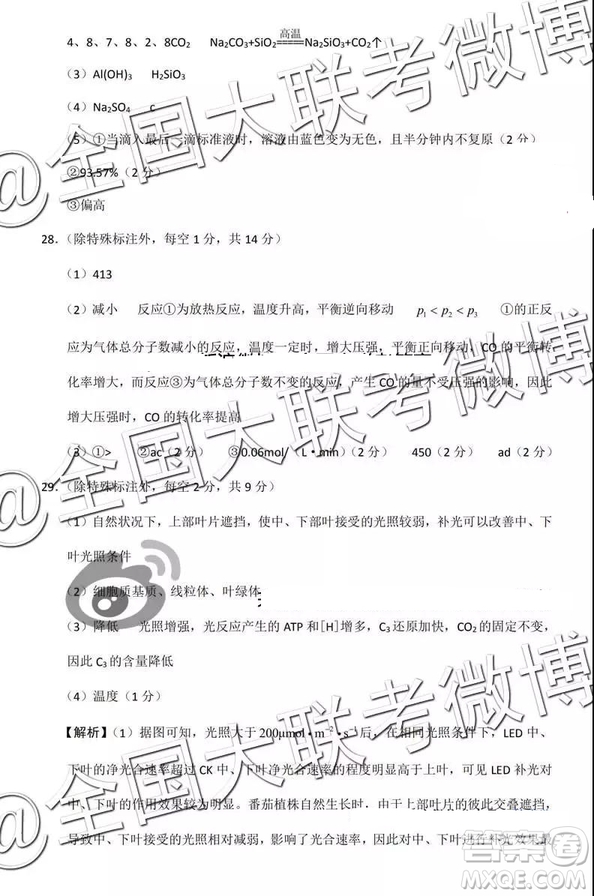 保山市2019年3月高中畢業(yè)生市級(jí)統(tǒng)一檢測理科綜合參考答案
