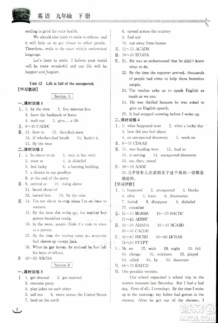 2019新版長(zhǎng)江作業(yè)本同步練習(xí)冊(cè)九年級(jí)英語(yǔ)下冊(cè)人教版參考答案