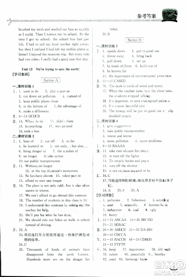 2019新版長(zhǎng)江作業(yè)本同步練習(xí)冊(cè)九年級(jí)英語(yǔ)下冊(cè)人教版參考答案