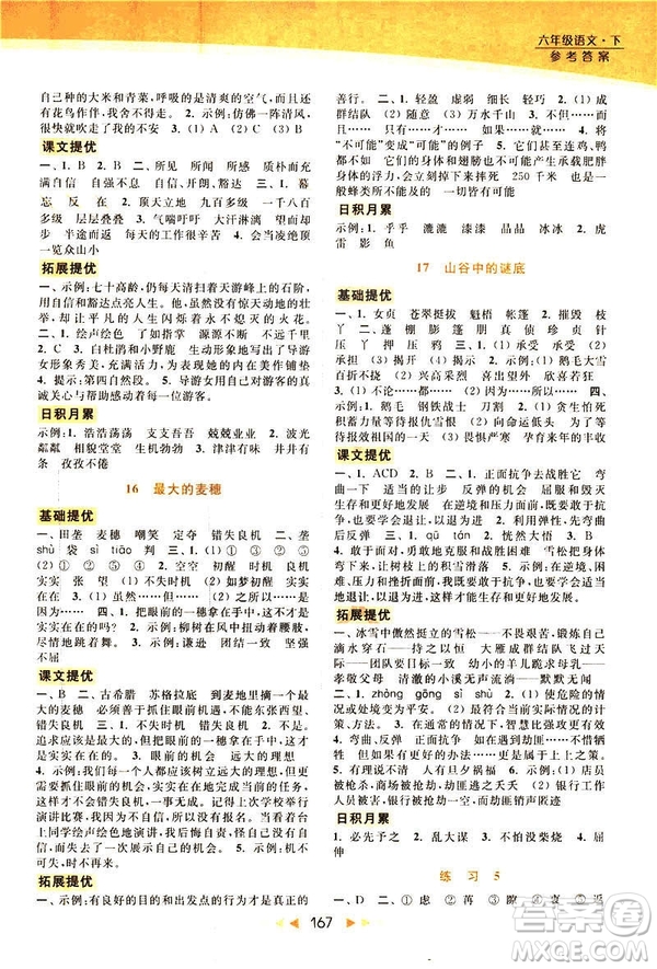 2019春亮點給力提優(yōu)課時作業(yè)本六年級下冊語文新課標江蘇版JS版答案