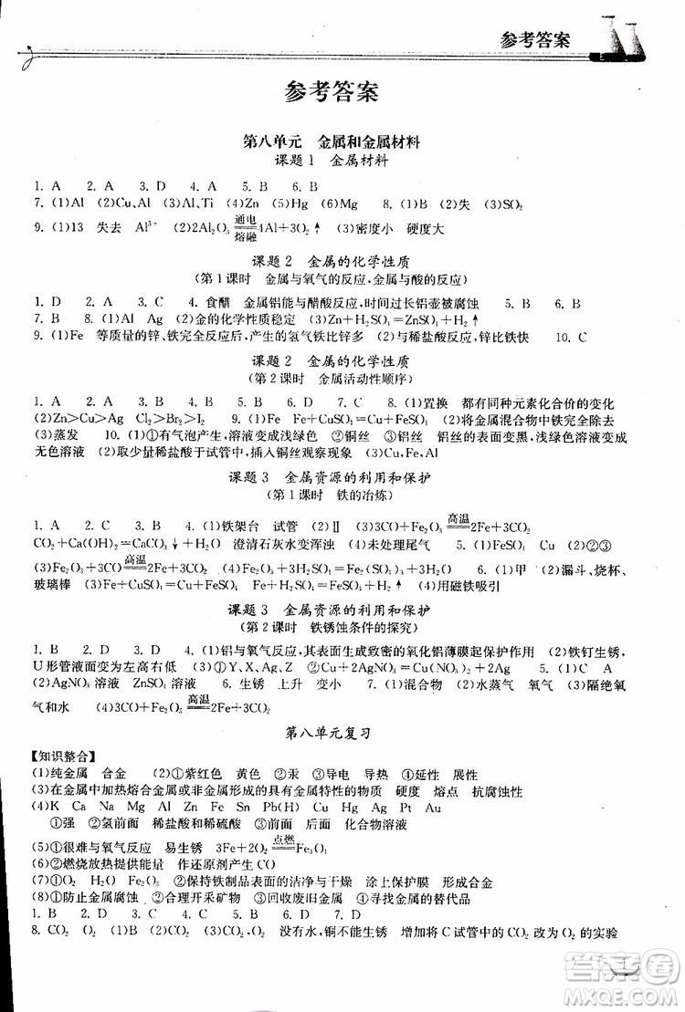 2019年長江作業(yè)本初中九年級下冊化學(xué)同步練習(xí)冊人教版參考答案