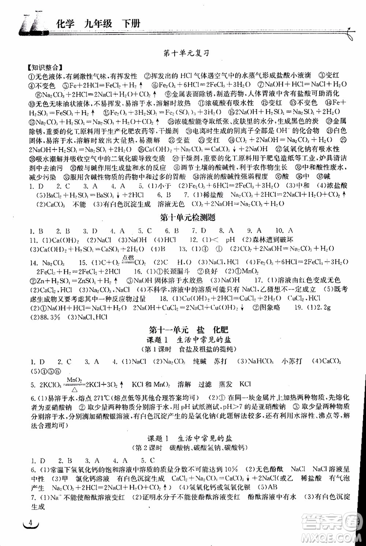 2019年長江作業(yè)本初中九年級下冊化學(xué)同步練習(xí)冊人教版參考答案