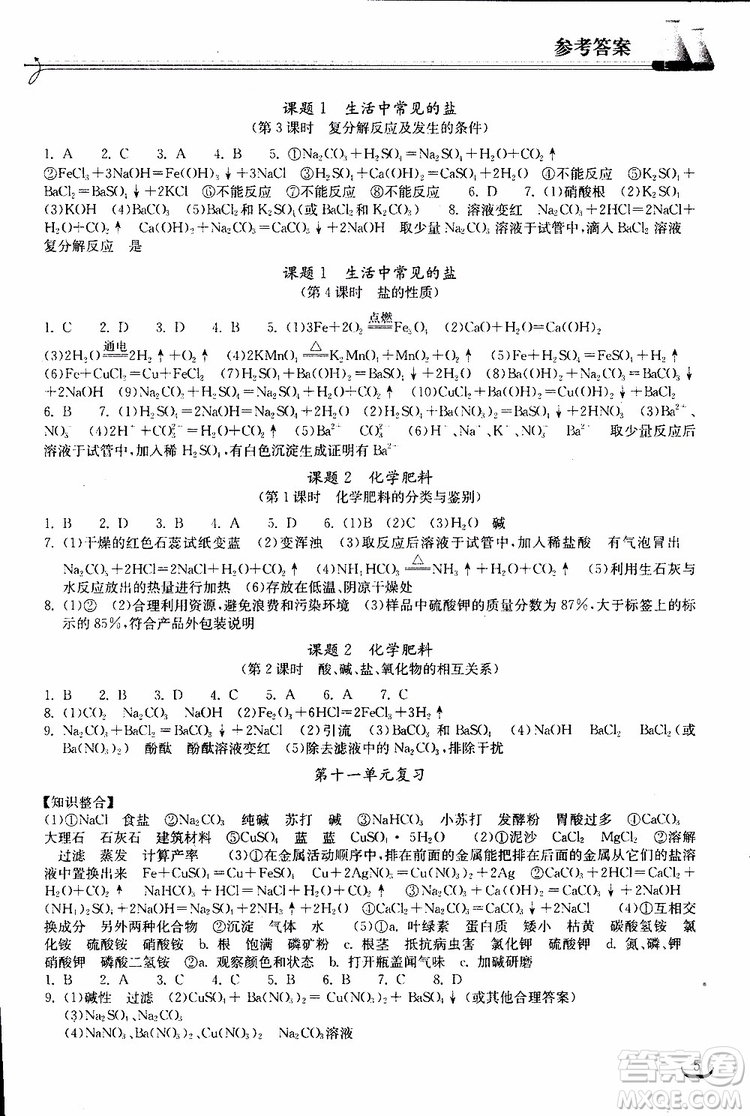 2019年長江作業(yè)本初中九年級下冊化學(xué)同步練習(xí)冊人教版參考答案