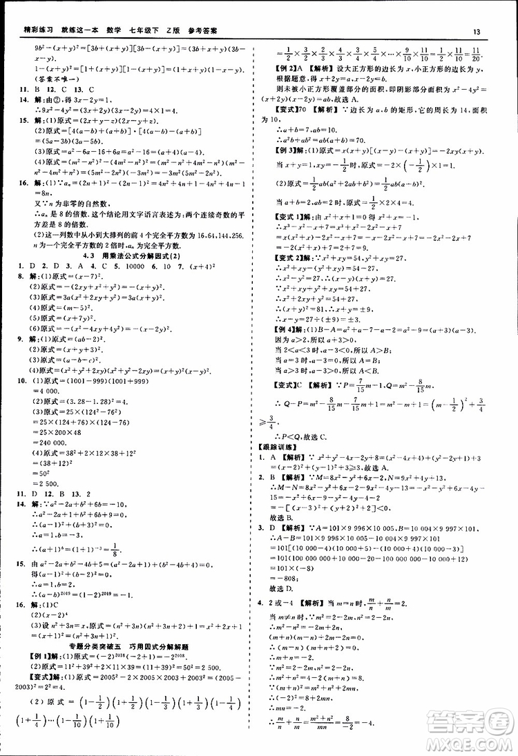 2019年精彩練習就練這一本七年級下冊數學浙教版Z版參考答案