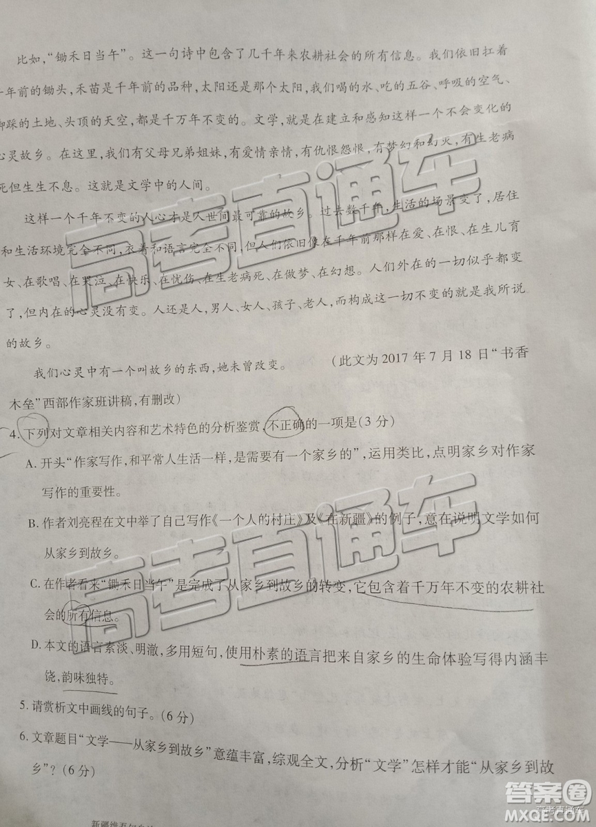 2019年高三新疆維吾爾自治區(qū)第一次適應性檢測語文試題及參考答案