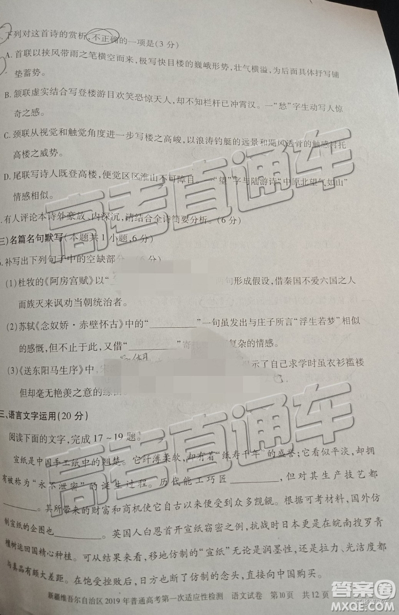 2019年高三新疆維吾爾自治區(qū)第一次適應性檢測語文試題及參考答案