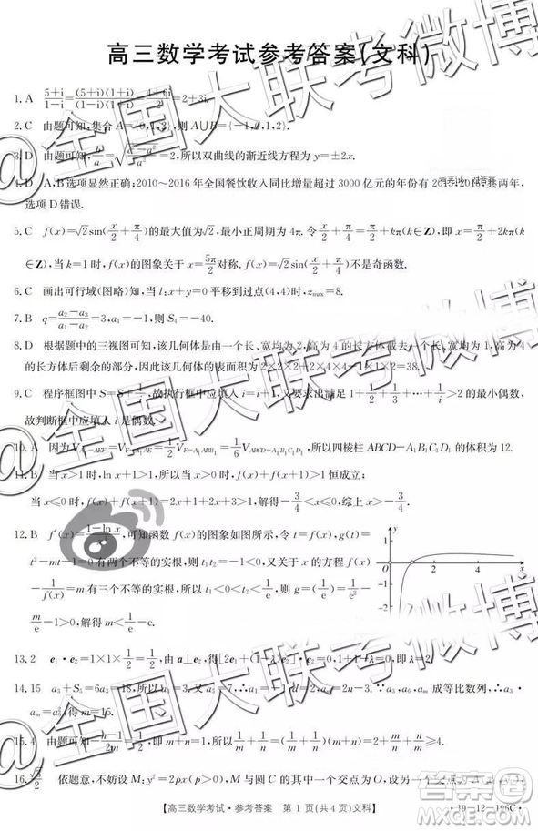 2019年高三貴州金太陽(yáng)高三3月考數(shù)學(xué)參考答案
