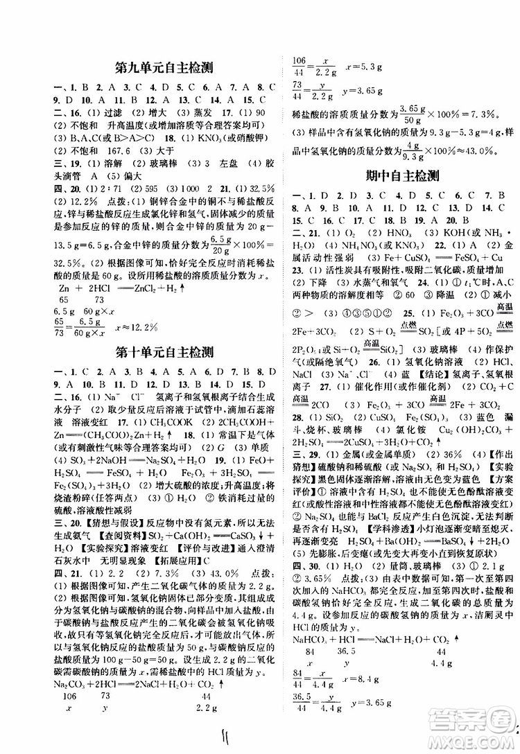 2019全新版課時作業(yè)本化學(xué)九年級下冊RJ人教版參考答案