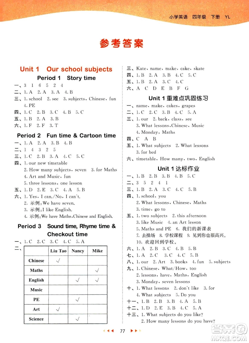 曲一線小兒郞2019春53天天練四年級下冊英語譯林版YL答案