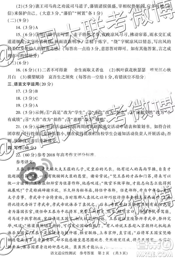 2019年高三河南省高考適應(yīng)性測(cè)試語(yǔ)文參考答案