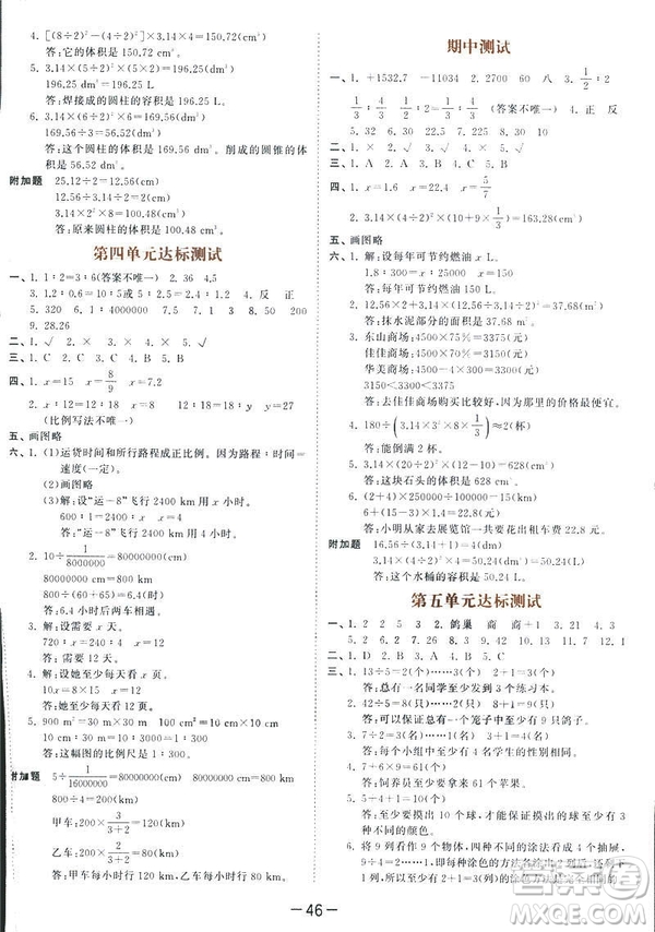 曲一線小兒郎2019春53天天練小學(xué)數(shù)學(xué)六年級(jí)下冊(cè)RJ人教版答案