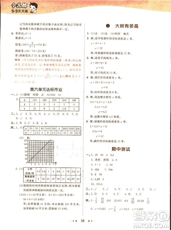 曲一線2019春53天天練六年級(jí)下冊(cè)數(shù)學(xué)蘇教版參考答案