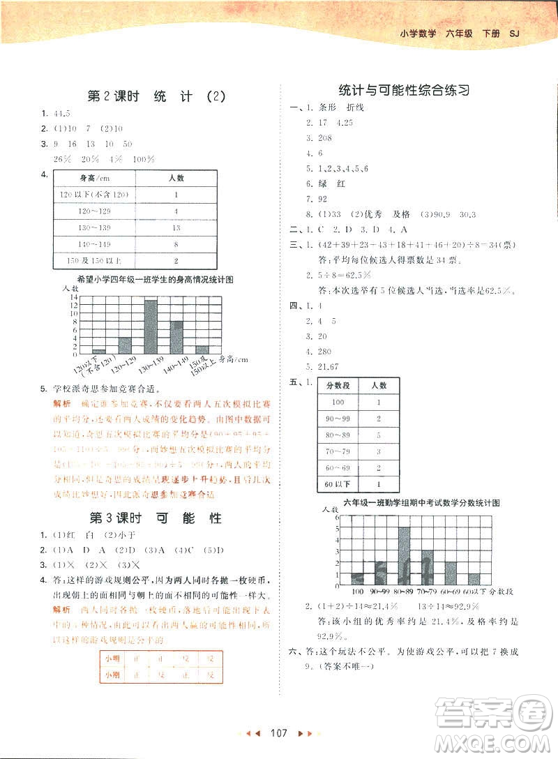 曲一線2019春53天天練六年級(jí)下冊(cè)數(shù)學(xué)蘇教版參考答案