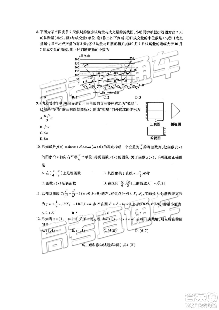 2019年濟寧一模高三數(shù)學試題及參考答案