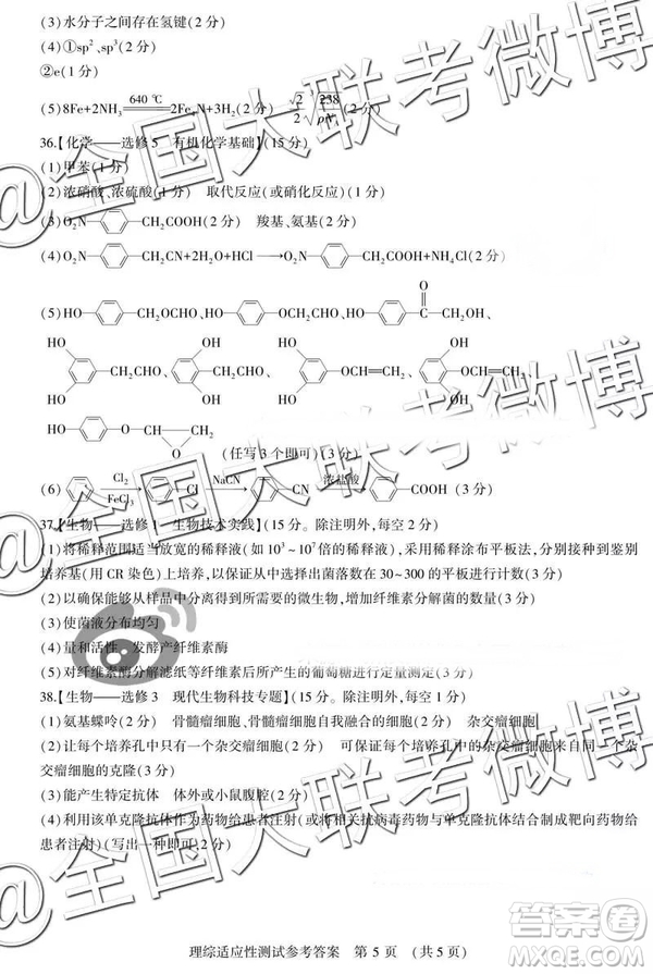 2019年河南省高考適應(yīng)性測(cè)試高三文科綜合、理科綜合參考答案