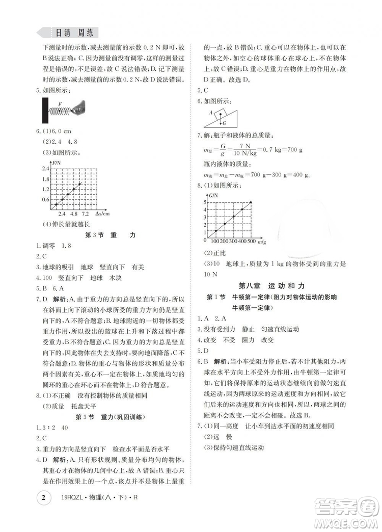 2019新版金太陽(yáng)教育日清周練人教版八年級(jí)物理下冊(cè)參考答案