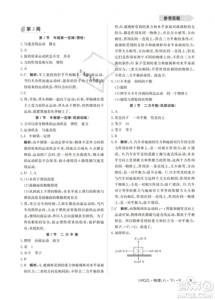 2019新版金太陽(yáng)教育日清周練人教版八年級(jí)物理下冊(cè)參考答案