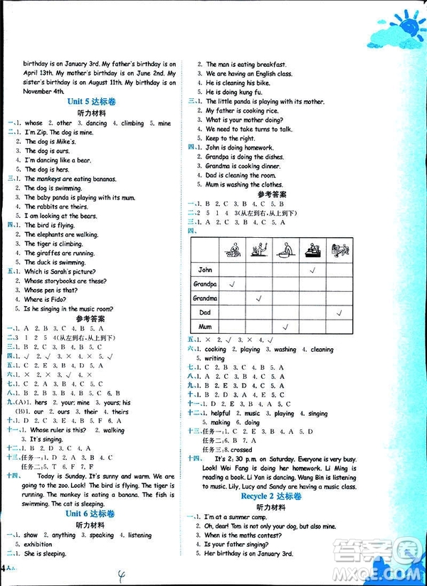 人教版2019版黃岡小狀元達標卷五年級英語下冊RP版參考答案